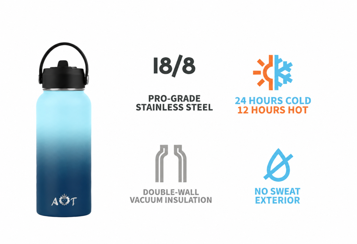 AT Store 32 oz insulated water bottle in blue gradient, view 2