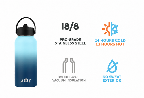 AT Store 32 oz insulated water bottle in blue gradient, view 2