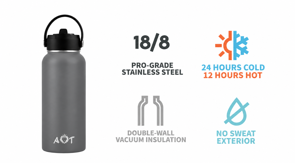 AT Store 32 oz insulated water bottle in grey, view 2