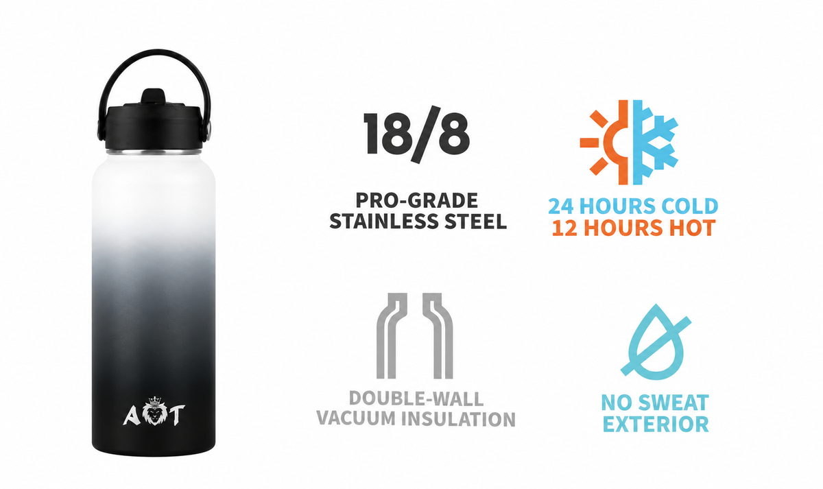 AT Store 32 oz insulated water bottle in white and black gradient, view 3