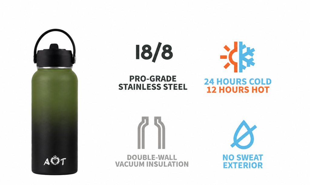 AT Store 32 oz insulated water bottle in green and black gradient, view 3