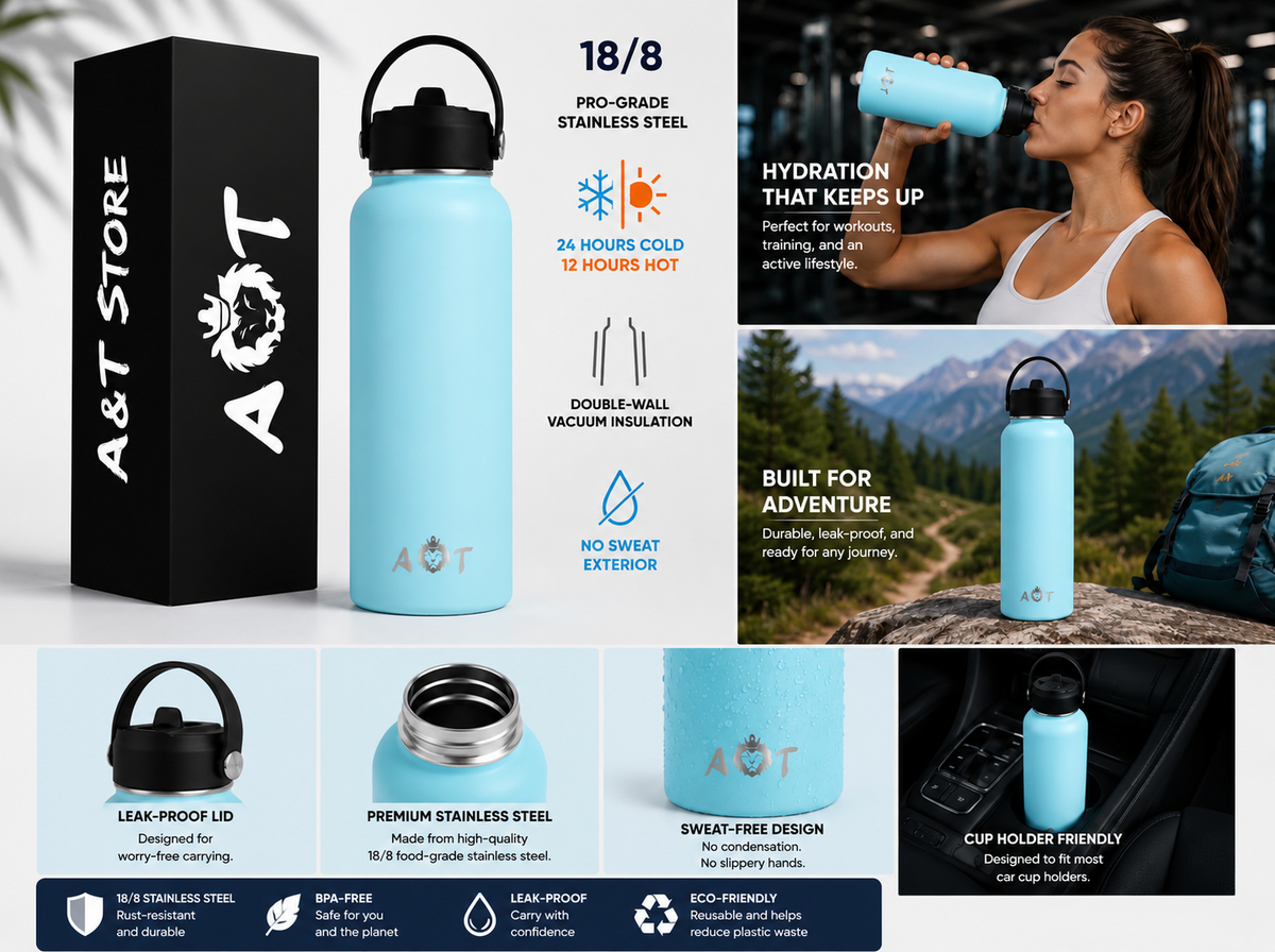 AT Store 32 oz insulated water bottle in blue, view 3