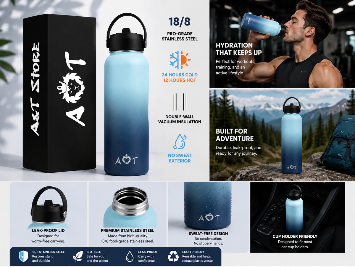 AT Store 32 oz insulated water bottle in blue gradient, view 3