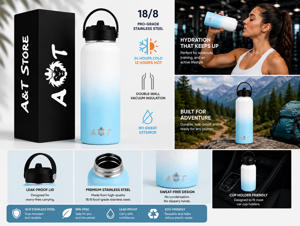 AT Store 32 oz insulated water bottle in white and blue gradient, view 3