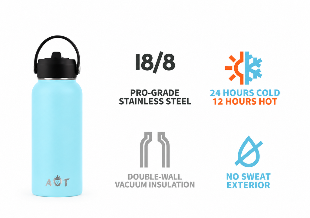 AT Store 32 oz insulated water bottle in blue, view 2