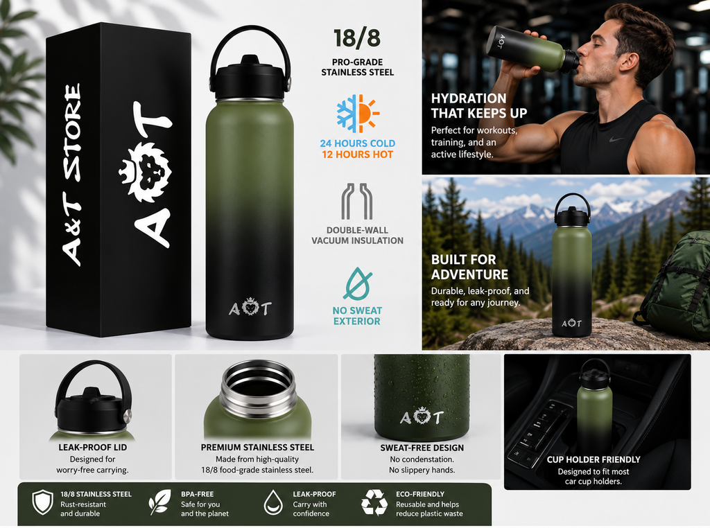 AT Store 32 oz insulated water bottle in green and black gradient, view 4