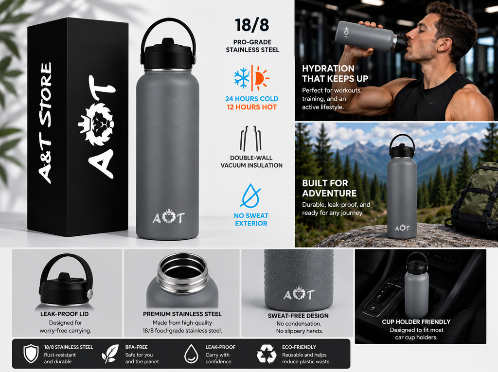 AT Store 32 oz insulated water bottle in grey, view 3