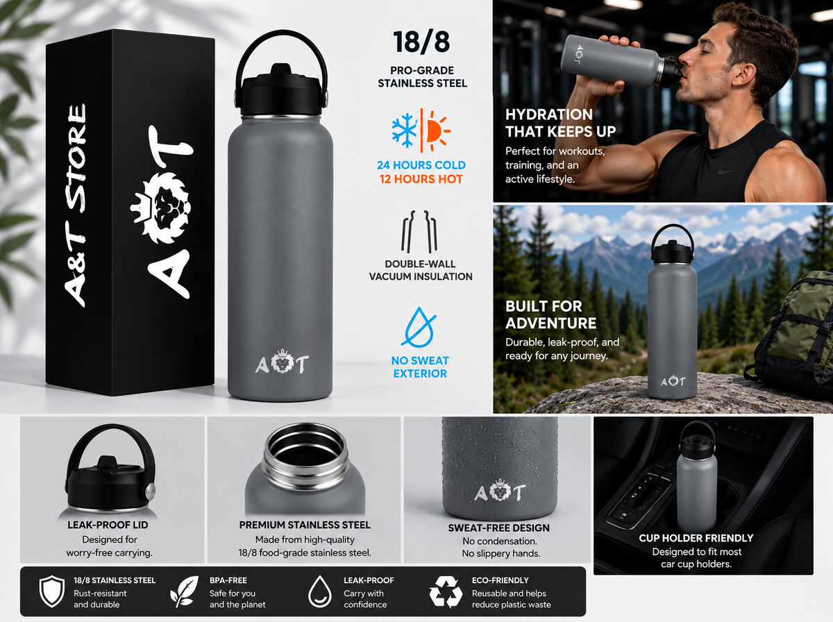 AT Store 32 oz insulated water bottle in grey, view 3