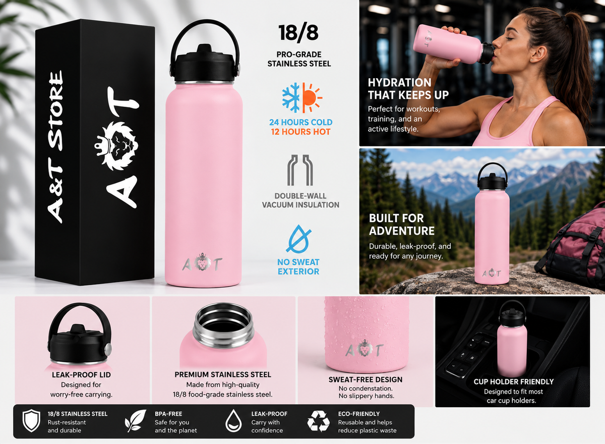AT Store 32 oz insulated water bottle in pink, view 3